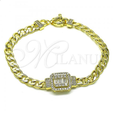 Oro Laminado Fancy Bracelet, Gold Filled Style Curb Design, with White Micro Pave and White Cubic Zirconia, Polished, Golden Finish, 03.403.0003.07
