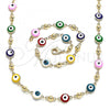 Oro Laminado Necklace and Bracelet, Gold Filled Style Evil Eye Design, Multicolor Enamel Finish, Golden Finish, 06.213.0008.1