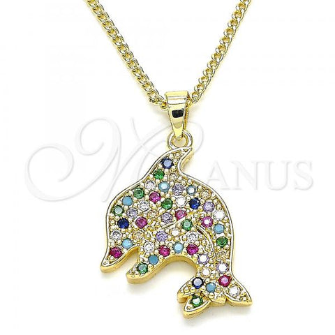 Oro Laminado Pendant Necklace, Gold Filled Style Dolphin Design, with Multicolor Micro Pave, Polished, Golden Finish, 04.344.0030.2.20