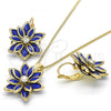 Oro Laminado Earring and Pendant Adult Set, Gold Filled Style Flower Design, with Sapphire Blue and White Crystal, Polished, Golden Finish, 10.64.0157.1