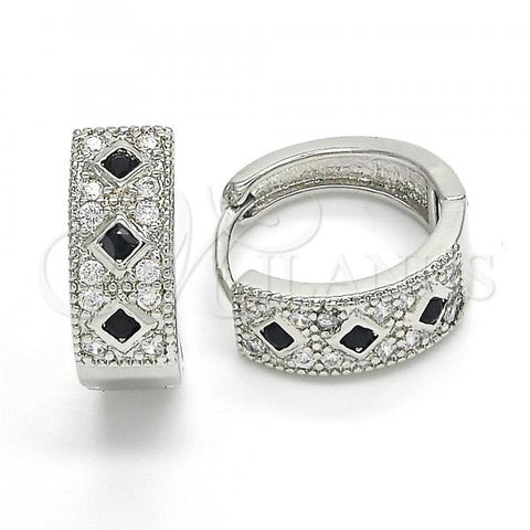 Rhodium Plated Huggie Hoop, with Black and White Cubic Zirconia, Polished, Rhodium Finish, 02.210.0056.9.15