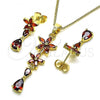 Oro Laminado Earring and Pendant Adult Set, Gold Filled Style Flower and Teardrop Design, with Garnet Cubic Zirconia, Polished, Golden Finish, 10.316.0067.1