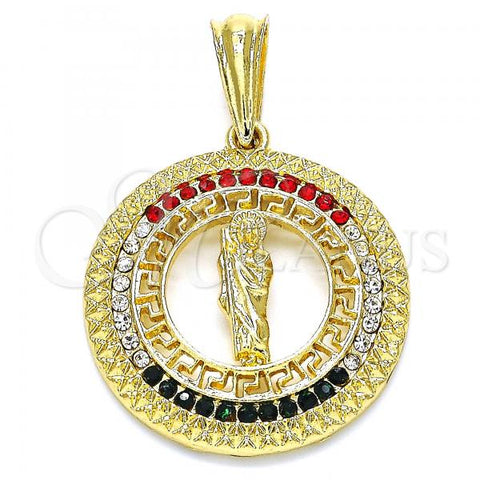 Oro Laminado Religious Pendant, Gold Filled Style San Judas and Greek Key Design, with Multicolor Cubic Zirconia, Polished, Golden Finish, 05.351.0003