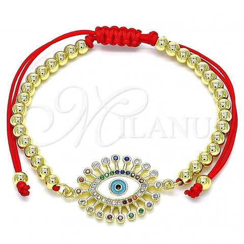 Oro Laminado Adjustable Bolo Bracelet, Gold Filled Style Evil Eye and Ball Design, with Multicolor Micro Pave, Multicolor Enamel Finish, Golden Finish, 03.368.0020.11