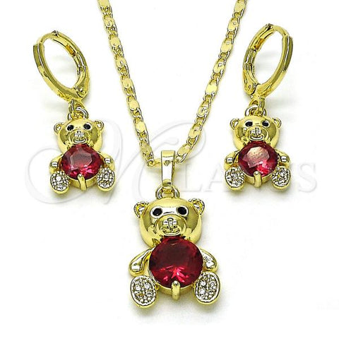 Oro Laminado Earring and Pendant Adult Set, Gold Filled Style Teddy Bear Design, with Ruby and Black Cubic Zirconia, Polished, Golden Finish, 10.196.0135