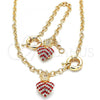 Oro Laminado Necklace and Bracelet, Gold Filled Style Heart and Crown Design, with Garnet and White Crystal, Polished, Golden Finish, 06.63.0251.1