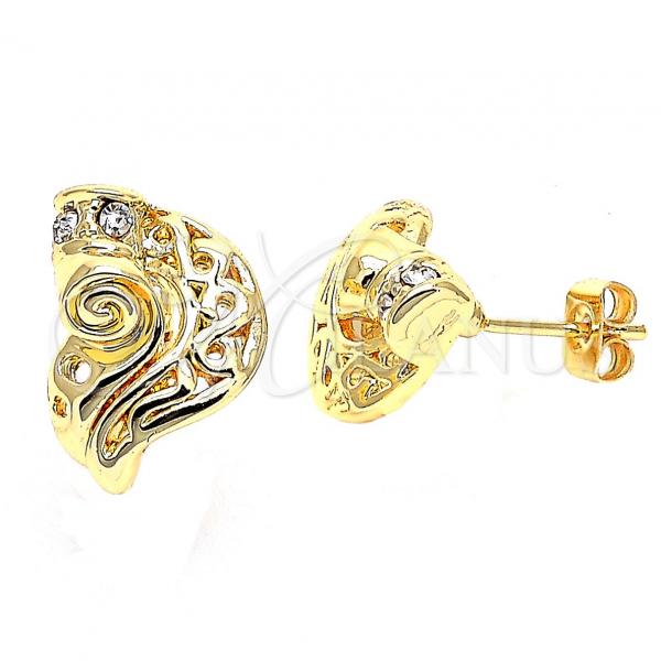 Oro Laminado Stud Earring, Gold Filled Style Leaf Design, with White Crystal, Polished, Golden Finish, 02.59.0037