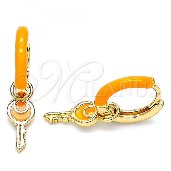 Oro Laminado Huggie Hoop, Gold Filled Style key Design, Orange Enamel Finish, Golden Finish, 02.213.0211.2.12
