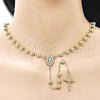 Oro Laminado Medium Rosary, Gold Filled Style Guadalupe and Crucifix Design, with White Cubic Zirconia, Polished, Golden Finish, 09.213.0064.24