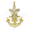 Oro Laminado Religious Pendant, Gold Filled Style Guadalupe and Anchor Design, with Garnet and White Crystal, Polished, Golden Finish, 05.213.0111