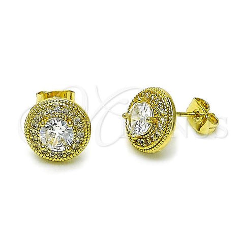 Oro Laminado Stud Earring, Gold Filled Style Cluster Design, with White Cubic Zirconia, Polished, Golden Finish, 02.411.0059