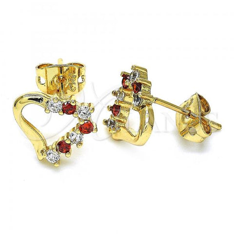 Oro Laminado Stud Earring, Gold Filled Style Heart Design, with Garnet and White Cubic Zirconia, Polished, Golden Finish, 02.213.0135.1