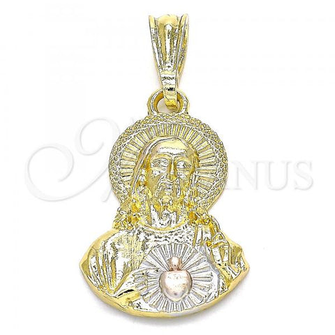 Oro Laminado Religious Pendant, Gold Filled Style Sagrado Corazon de Jesus Design, Polished, Tricolor, 05.351.0138
