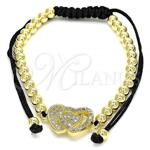 Oro Laminado Adjustable Bolo Bracelet, Gold Filled Style Heart and Ball Design, with White Micro Pave, Polished, Golden Finish, 03.299.0016.11