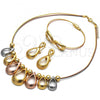 Oro Laminado Necklace, Bracelet and Earring, Gold Filled Style Teardrop and Ball Design, Polished, Tricolor, 06.333.0008