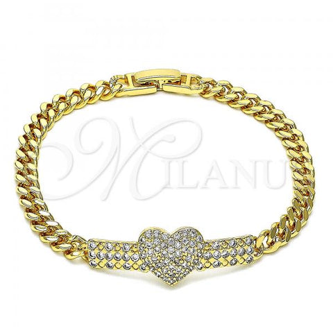 Oro Laminado Fancy Bracelet, Gold Filled Style Heart Design, with White Micro Pave, Polished, Golden Finish, 03.283.0069.07