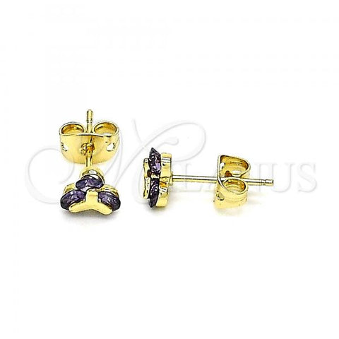 Oro Laminado Stud Earring, Gold Filled Style with Amethyst Cubic Zirconia, Polished, Golden Finish, 02.213.0359.1