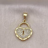Oro Laminado Fancy Pendant, Gold Filled Style Heart and key Design, with White Micro Pave, Polished, Golden Finish, 05.411.0025