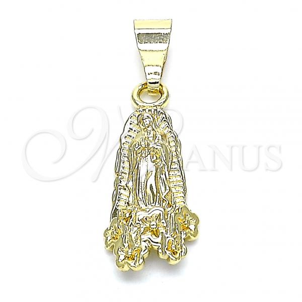 Oro Laminado Religious Pendant, Gold Filled Style Guadalupe and Flower Design, Polished, Golden Finish, 05.253.0144