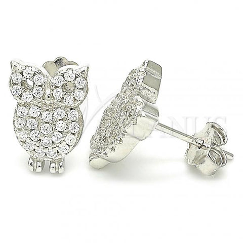 Sterling Silver Stud Earring, Owl Design, with White Cubic Zirconia, Polished, Rhodium Finish, 02.336.0176