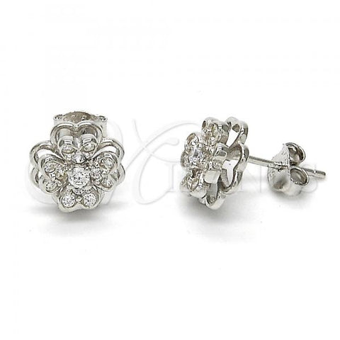Sterling Silver Stud Earring, Flower Design, with White Cubic Zirconia, Polished, Rhodium Finish, 02.285.0026