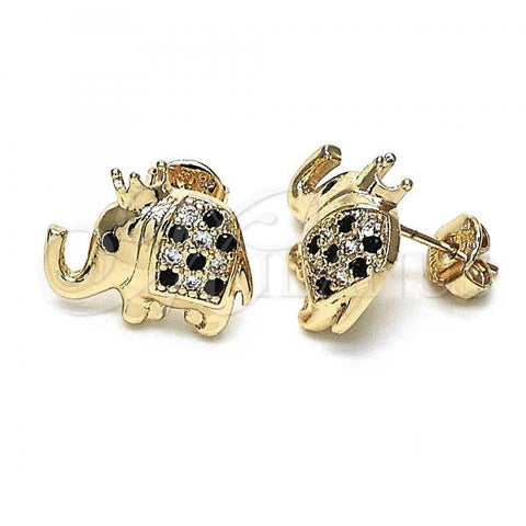 Oro Laminado Stud Earring, Gold Filled Style Elephant and Crown Design, with Black and White Micro Pave, Polished, Golden Finish, 02.185.0009.2