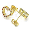 Oro Laminado Stud Earring, Gold Filled Style Heart Design, with Garnet and White Micro Pave, Polished, Golden Finish, 02.94.0093.1