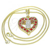 Oro Laminado Pendant Necklace, Gold Filled Style Guadalupe and Heart Design, with Garnet Crystal, Polished, Tricolor, 04.351.0025.20