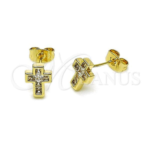 Oro Laminado Stud Earring, Gold Filled Style Cross Design, with White Cubic Zirconia, Polished, Golden Finish, 02.411.0072