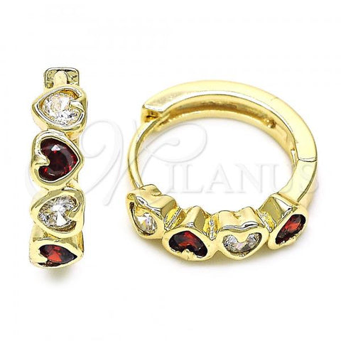 Oro Laminado Huggie Hoop, Gold Filled Style Heart Design, with Garnet and White Cubic Zirconia, Polished, Golden Finish, 02.237.0029.2.15