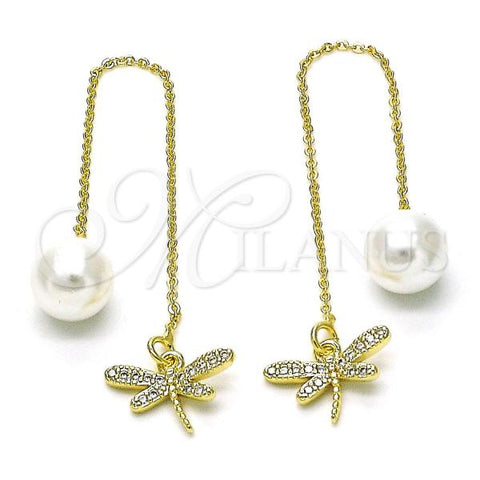 Oro Laminado Threader Earring, Gold Filled Style Dragon-Fly Design, with White Micro Pave and Ivory Pearl, Polished, Golden Finish, 02.196.0126