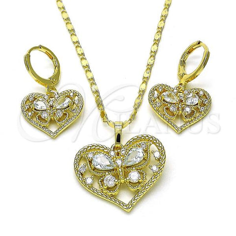 Oro Laminado Earring and Pendant Adult Set, Gold Filled Style Heart and Butterfly Design, with White Cubic Zirconia, Polished, Golden Finish, 10.196.0112.1