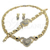 Oro Laminado Necklace, Bracelet and Earring, Gold Filled Style Heart and Hugs and Kisses Design, with White Crystal, Polished, Golden Finish, 06.372.0011
