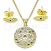 Oro Laminado Earring and Pendant Adult Set, Gold Filled Style Evil Eye Design, with Multicolor Micro Pave, Polished, Golden Finish, 10.156.0352