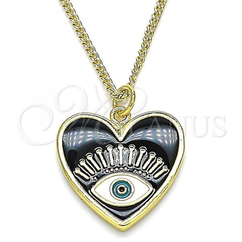 Oro Laminado Pendant Necklace, Gold Filled Style Evil Eye and Heart Design, Black Enamel Finish, Golden Finish, 04.313.0062.20