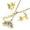 Oro Laminado Earring and Pendant Adult Set, Gold Filled Style Butterfly Design, with Multicolor Micro Pave, Polished, Golden Finish, 10.156.0266.3