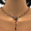 Oro Laminado Necklace and Earring, Gold Filled Style Flower and Leaf Design, with Multicolor Cubic Zirconia, Polished, Golden Finish, 06.205.0002.1