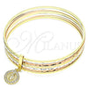 Oro Laminado Semanario Bangle, Gold Filled Style Guadalupe Design, with White Crystal, Diamond Cutting Finish, Tricolor, 07.253.0004.06 (02 MM Thickness, Size 6 - 2.75 Diameter)