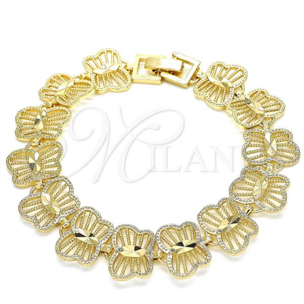 Oro Laminado Fancy Bracelet, Gold Filled Style Butterfly Design, Diamond Cutting Finish, Golden Finish, 03.100.0060.08