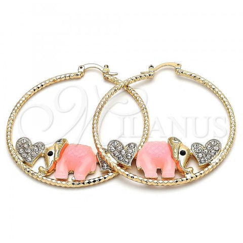 Oro Laminado Large Hoop, Gold Filled Style Elephant and Heart Design, with White and Black Crystal, Pink Resin Finish, Golden Finish, 02.380.0051.3.50