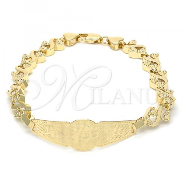 Oro Laminado ID Bracelet, Gold Filled Style Flower and Heart Design, Polished, Golden Finish, 03.63.1947.08