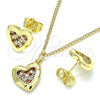 Oro Laminado Earring and Pendant Adult Set, Gold Filled Style Heart Design, with Garnet and White Micro Pave, Polished, Golden Finish, 10.199.0155.1