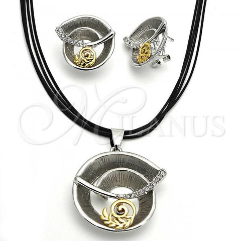 Oro Laminado Necklace and Earring, Gold Filled Style Spiral and Leaf Design, with White Crystal, Polished, Two Tone, 06.59.0110