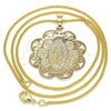 Oro Laminado Pendant Necklace, Gold Filled Style Guadalupe and Flower Design, Polished, Golden Finish, 04.106.0048.1.20