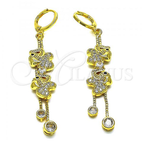 Oro Laminado Long Earring, Gold Filled Style Box and Elephant Design, with White and Black Micro Pave, Polished, Golden Finish, 02.316.0080.1