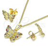 Oro Laminado Earring and Pendant Adult Set, Gold Filled Style Butterfly Design, with Multicolor Micro Pave, Polished, Golden Finish, 10.284.0021