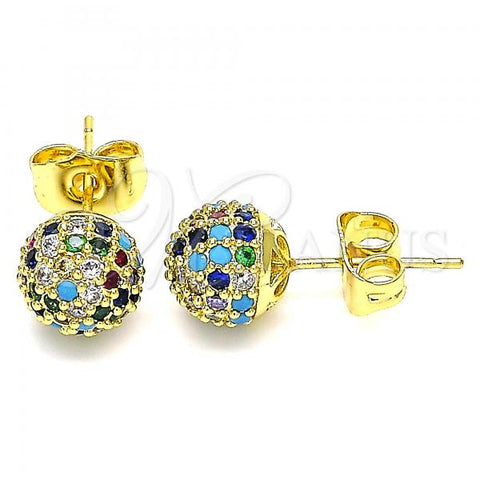 Oro Laminado Stud Earring, Gold Filled Style with Multicolor Micro Pave, Polished, Golden Finish, 02.341.0059