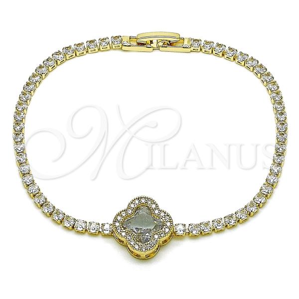 Oro Laminado Fancy Bracelet, Gold Filled Style Four-leaf Clover and Cluster Design, with White Cubic Zirconia, Polished, Golden Finish, 03.284.0052.07