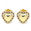 Oro Laminado Stud Earring, Gold Filled Style Heart Design, with Garnet and White Micro Pave, Polished, Golden Finish, 02.156.0517.1