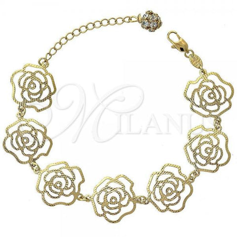 Oro Laminado Charm Bracelet, Gold Filled Style Flower Design, with White Crystal, Diamond Cutting Finish, Golden Finish, 5.017.010
